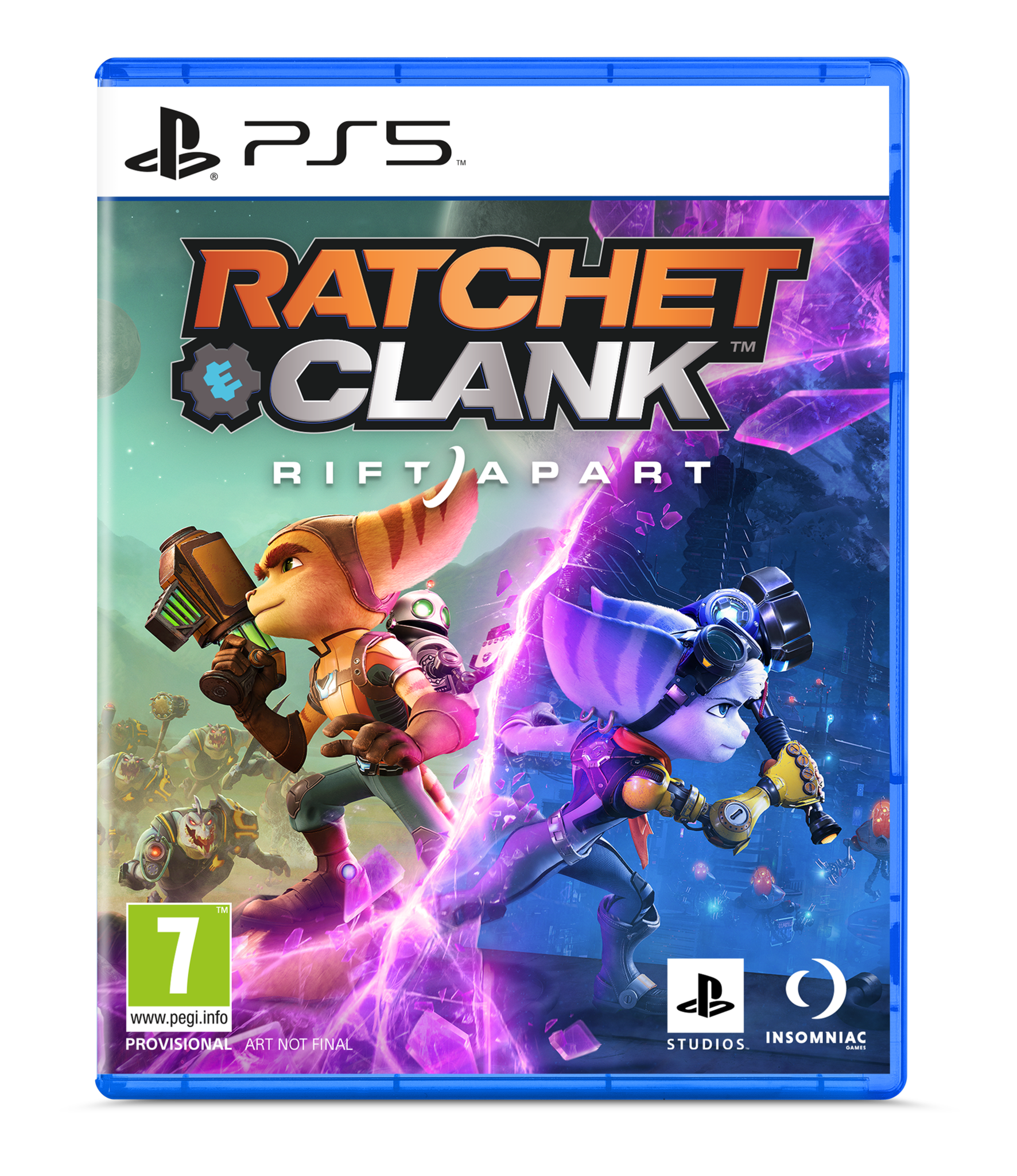 PS5 gamebox. Omslag toont twee personages. Titel: Ratchet & Clank: Rift Apart.