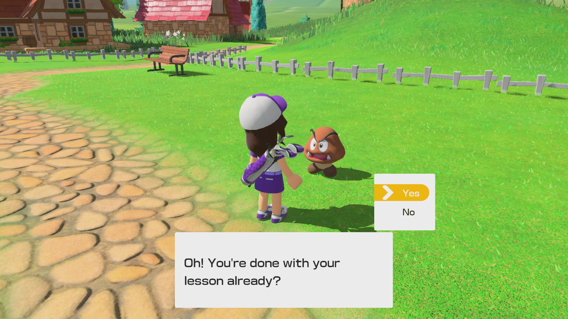 Ein Videospiel mit einem Charakter und einem Goomba, mit einer Dialogaufforderung.