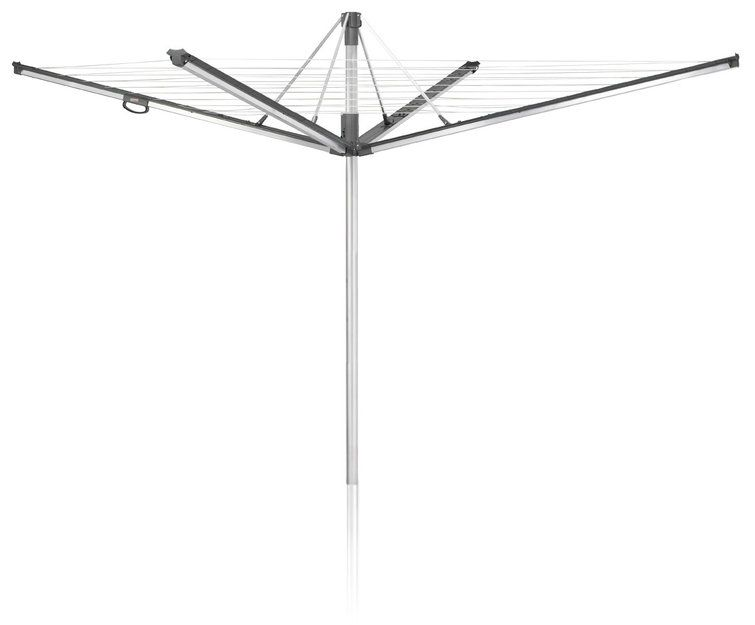 Ein silberner und grauer Wäschetrockner, Arme ausgeklappt, leer.