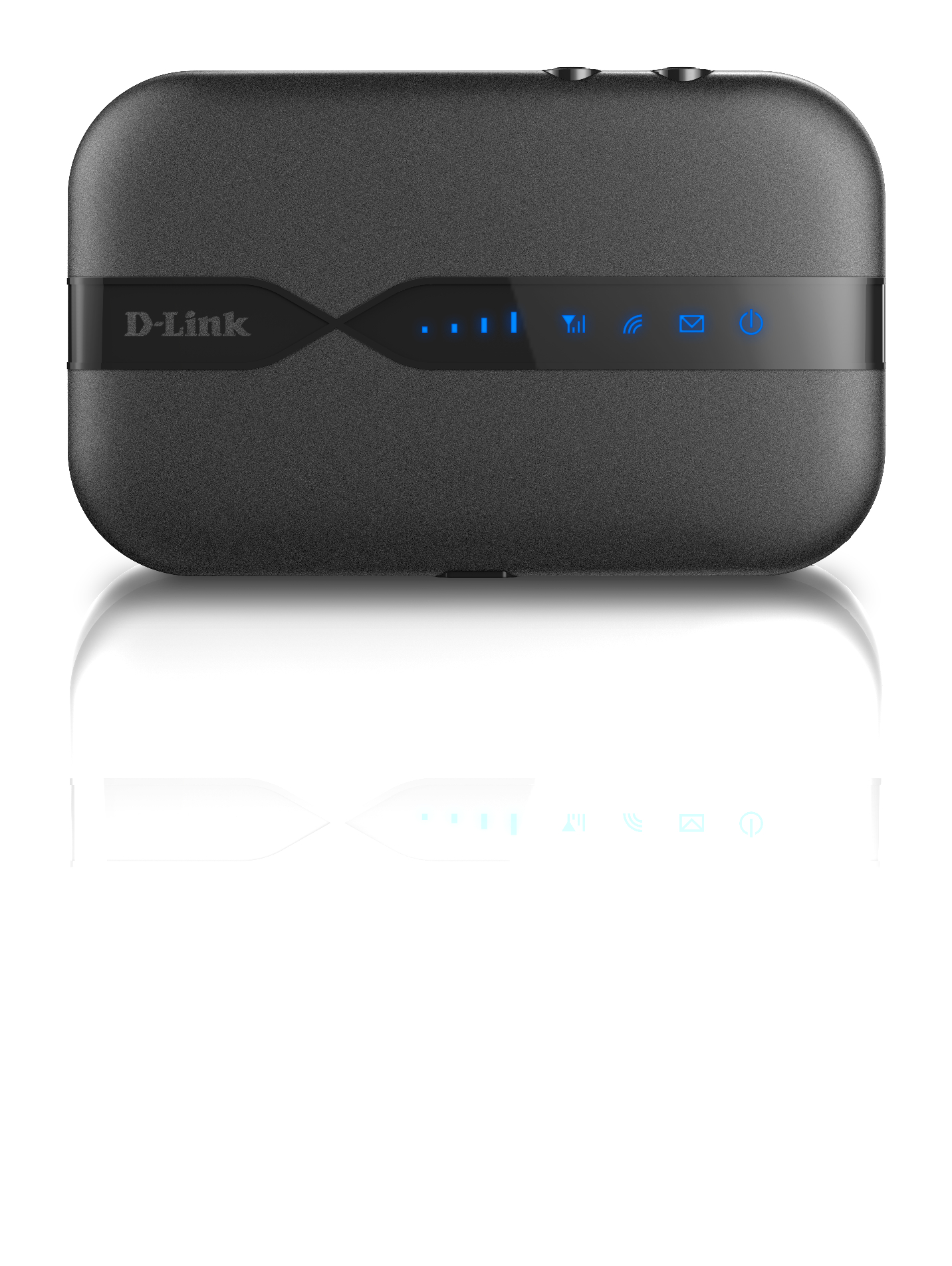 Schwarzer D-Link Router mit blauen Lichtern oben und einer weißen Reflexion unten.