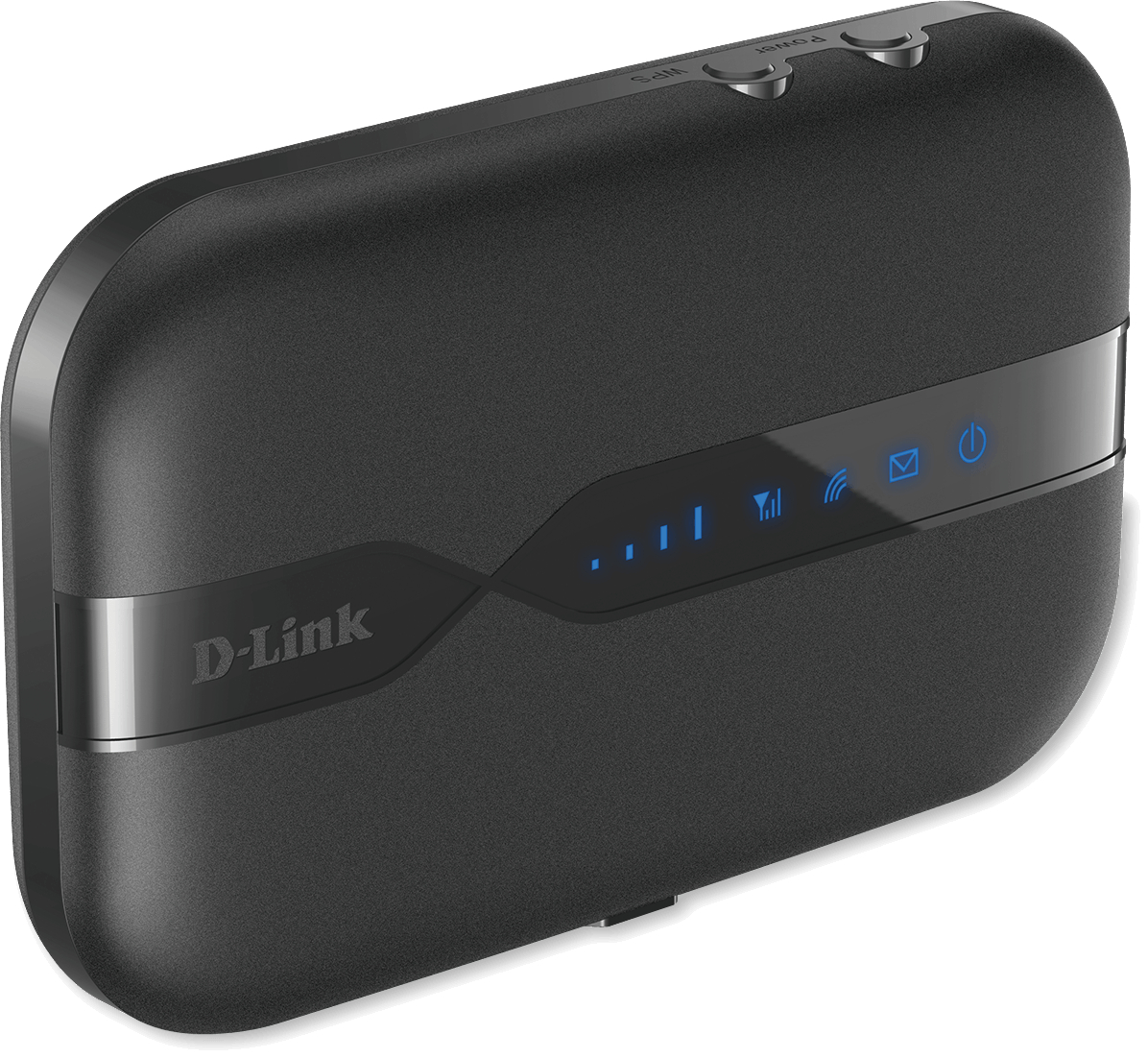 Schwarzer D-Link Router mit blauen Kontrollleuchten auf hellem Hintergrund.