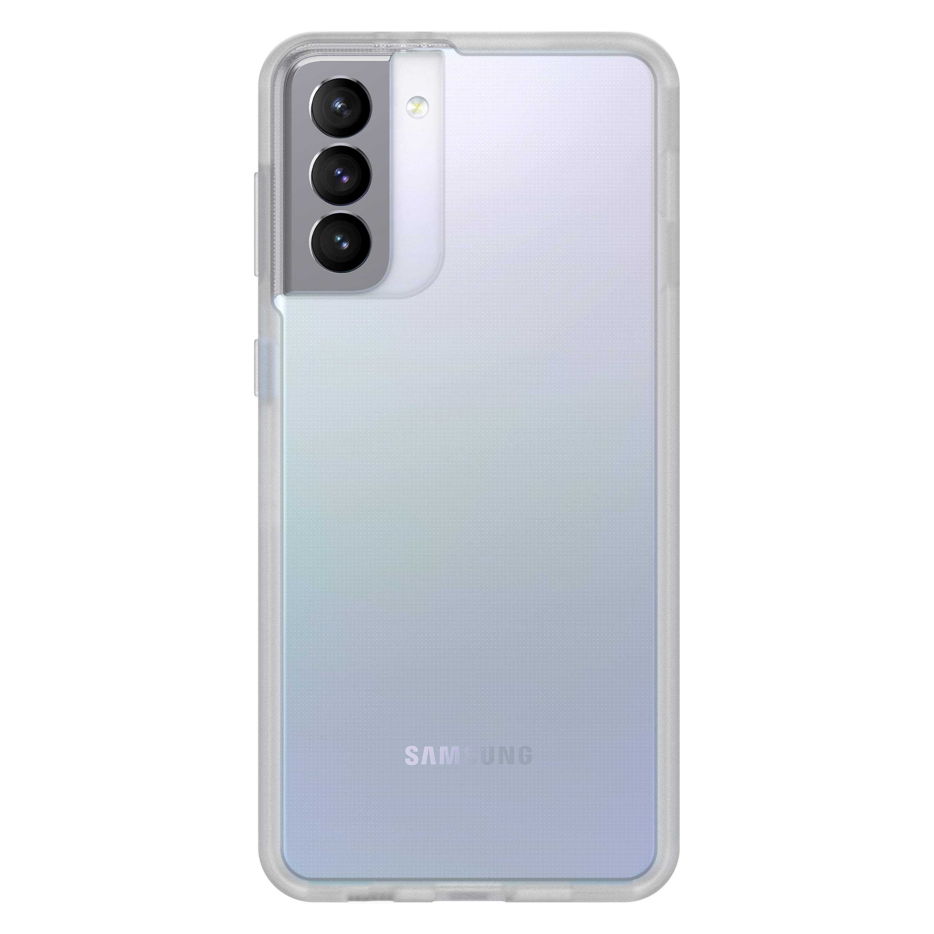 Transparente Handyhülle auf einem weißen Samsung-Telefon mit drei Kameras.