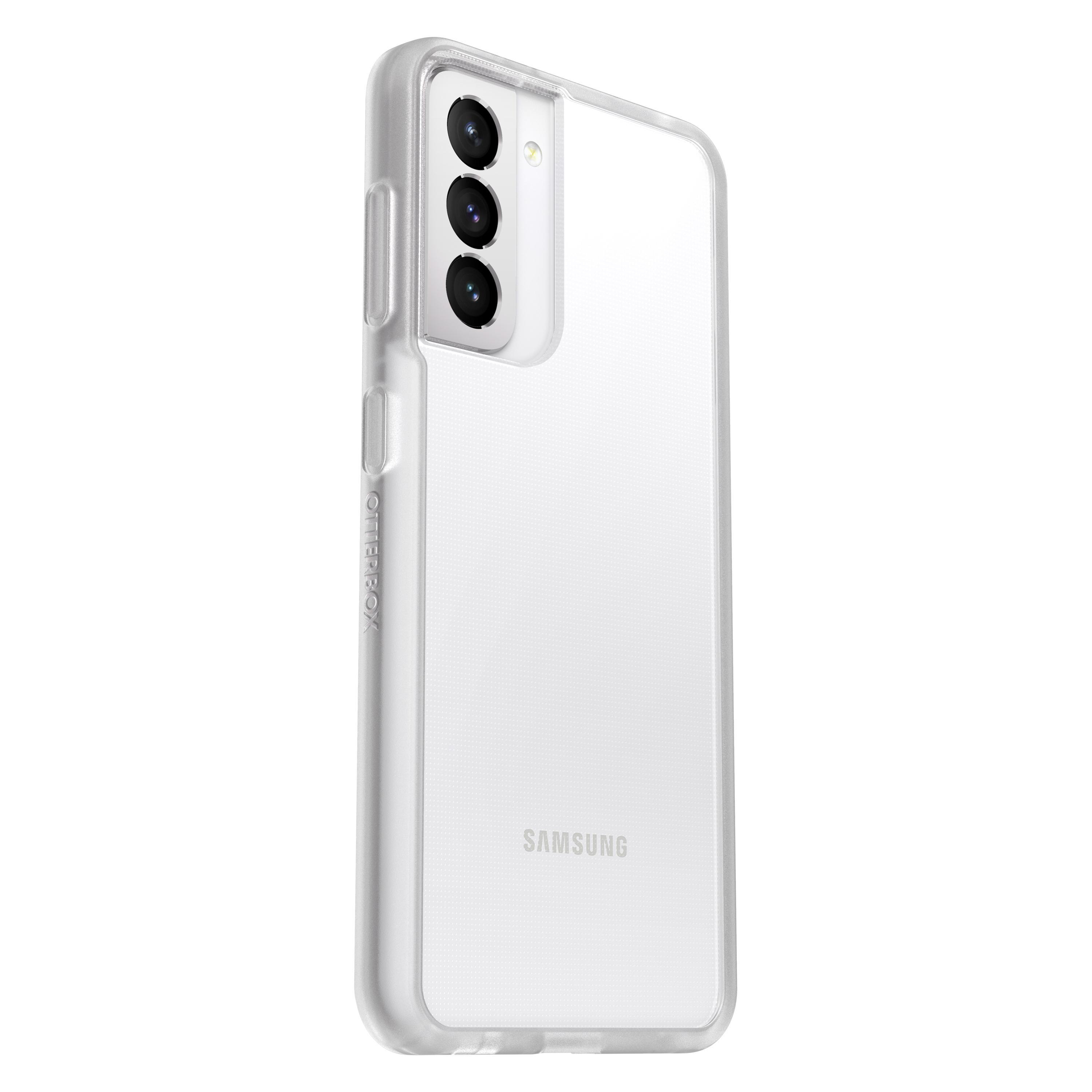 Ein weißes Samsung-Telefon in einer durchsichtigen OtterBox-Hülle.