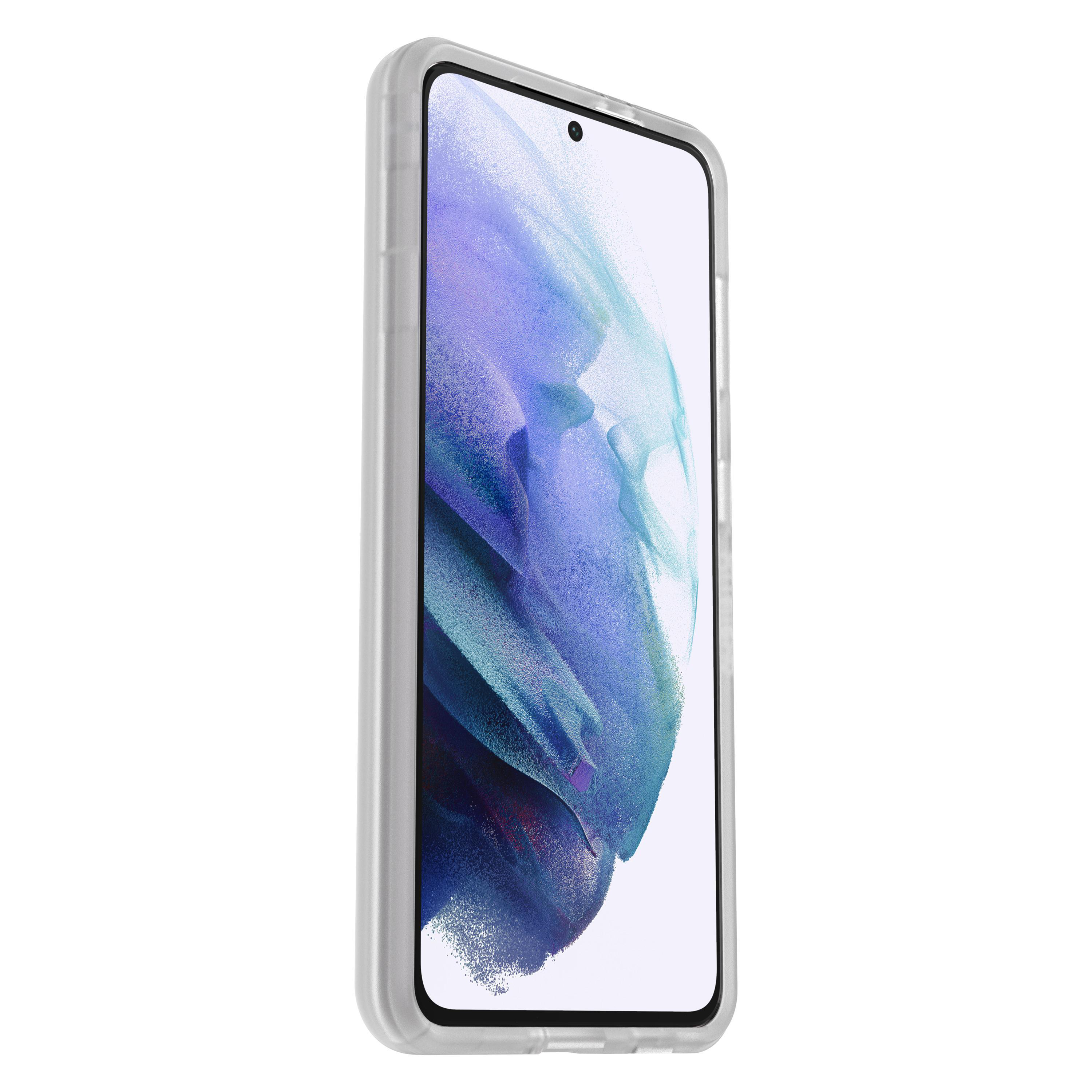 Ein weißes Smartphone in einer transparenten Schutzhülle, Seitenansicht.