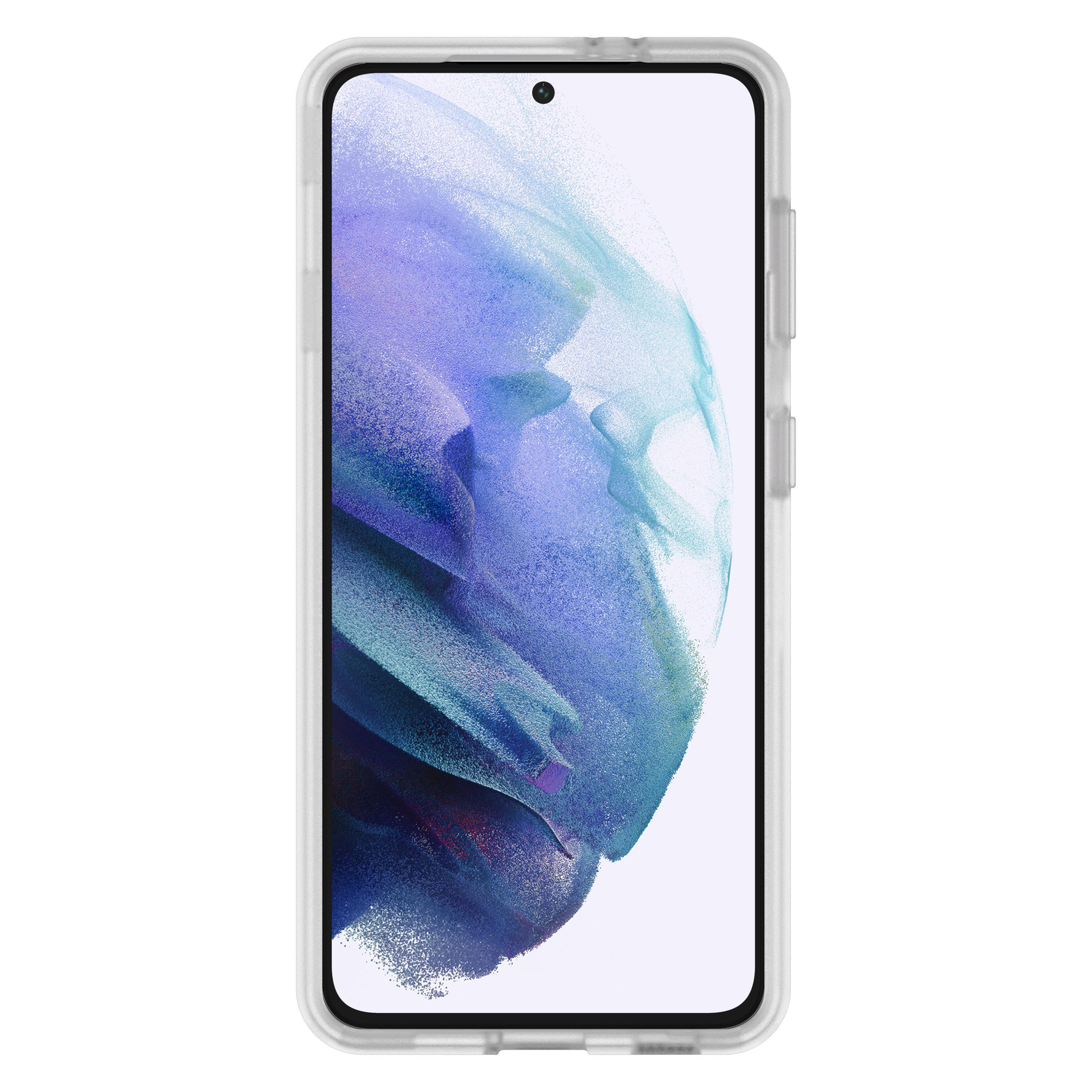 Smartphone mit weißem Rahmen. Der Bildschirm zeigt ein hellblaues und weißes abstraktes Design.