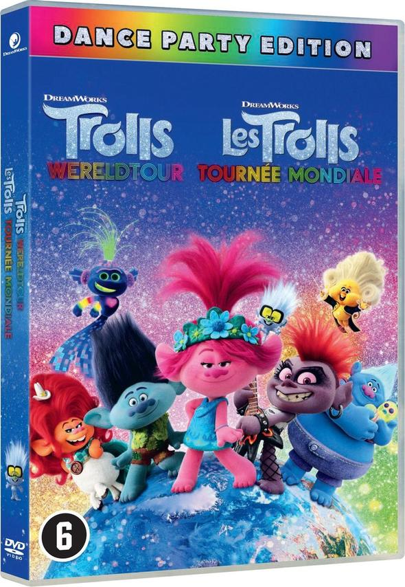 Boîtier DVD Trolls World Tour avec des personnages colorés.