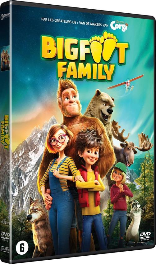 Couverture de DVD avec des personnages de dessins animés du film Bigfoot Family.
