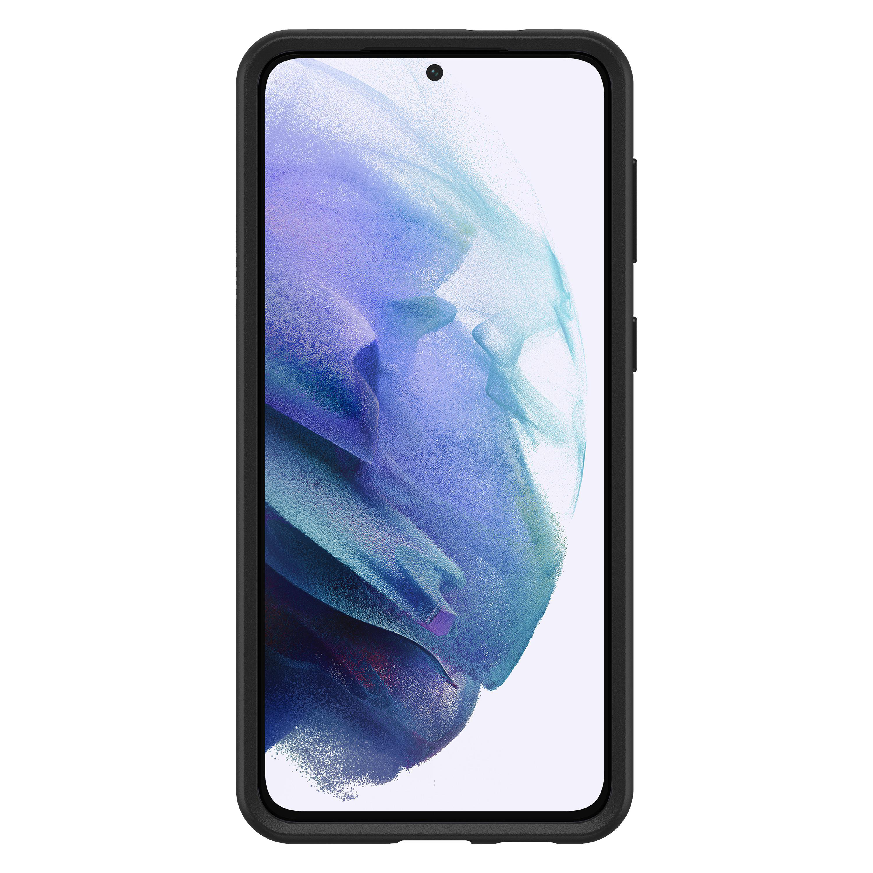 Schwarzes Telefon mit Hülle, blau-weißes abstraktes Design auf dem Bildschirm.