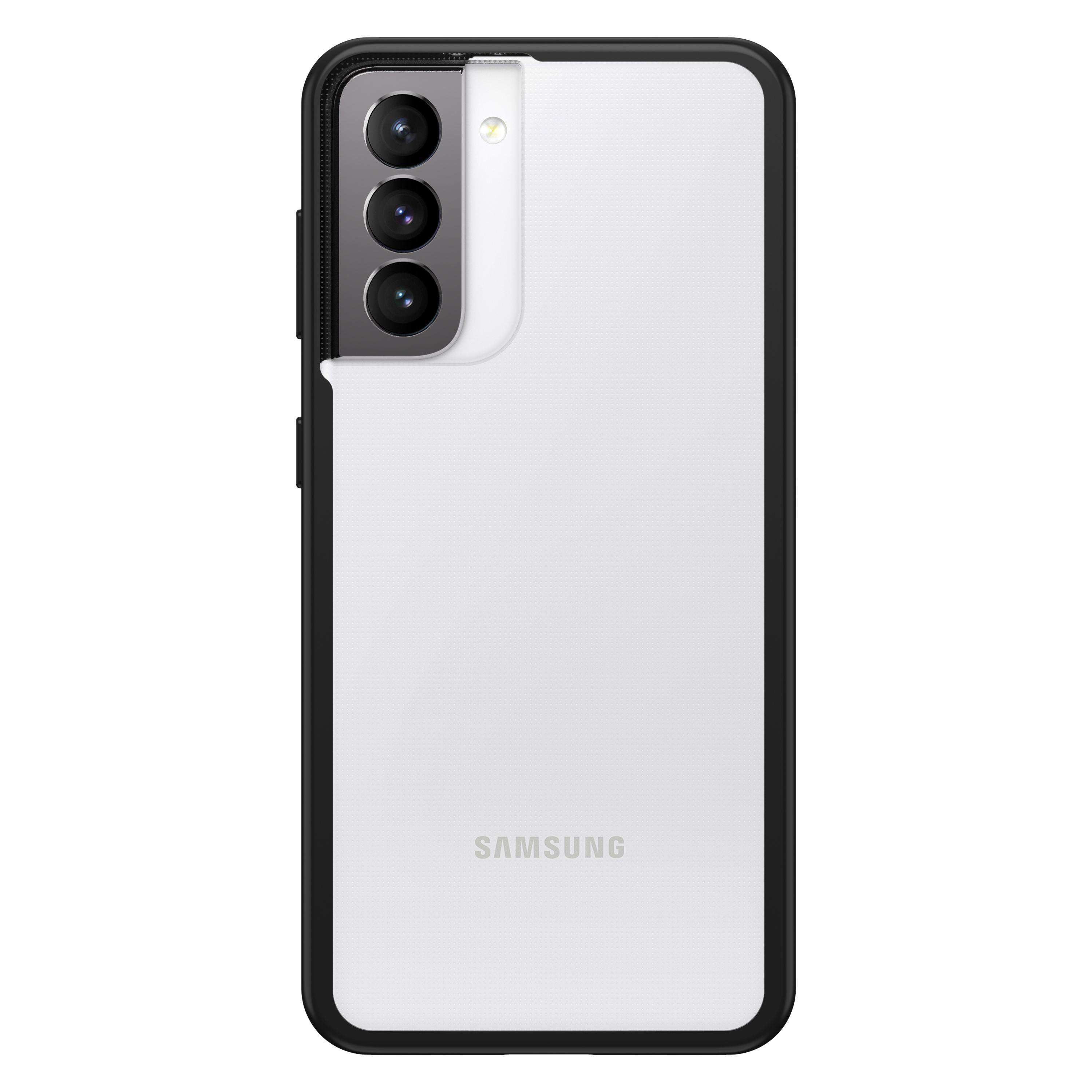 Weißes Samsung-Handy-Case mit schwarzem Rand, drei Rückkameras und dem Samsung-Logo.