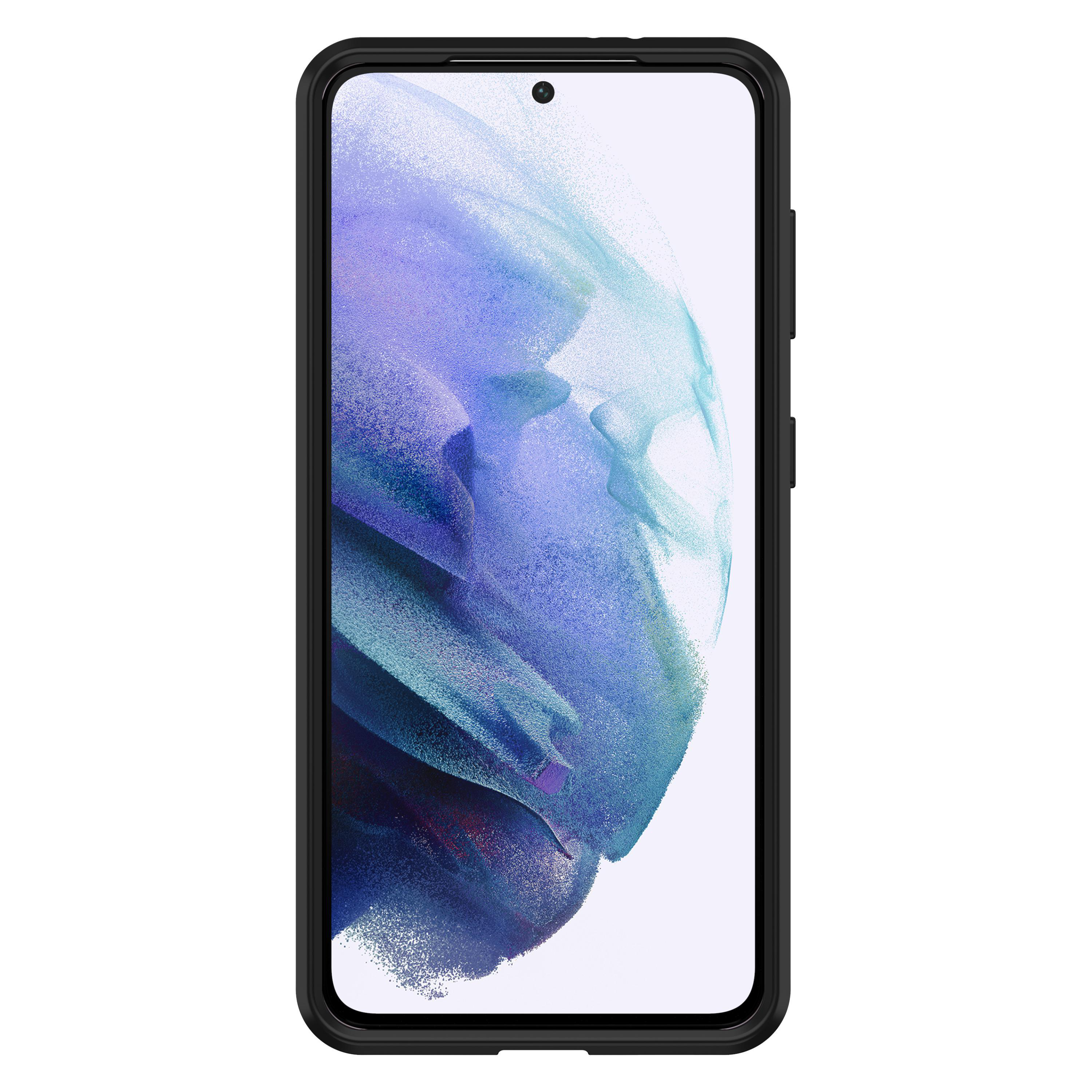 Ein Smartphone in einer schwarzen Hülle, das ein farbenfrohes abstraktes Bild anzeigt.