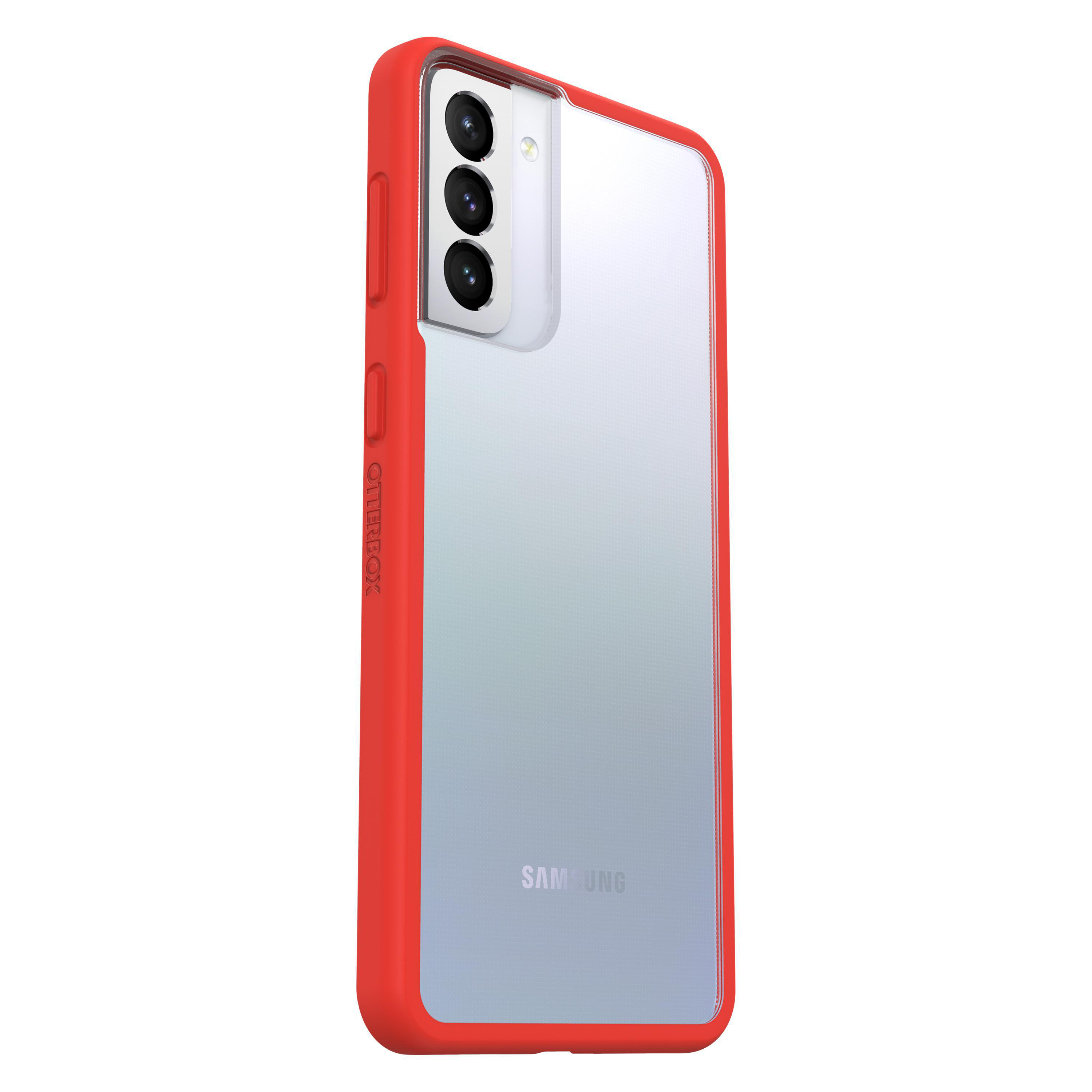 Rote Otterbox Hülle mit transparentem Rücken und Telefon.