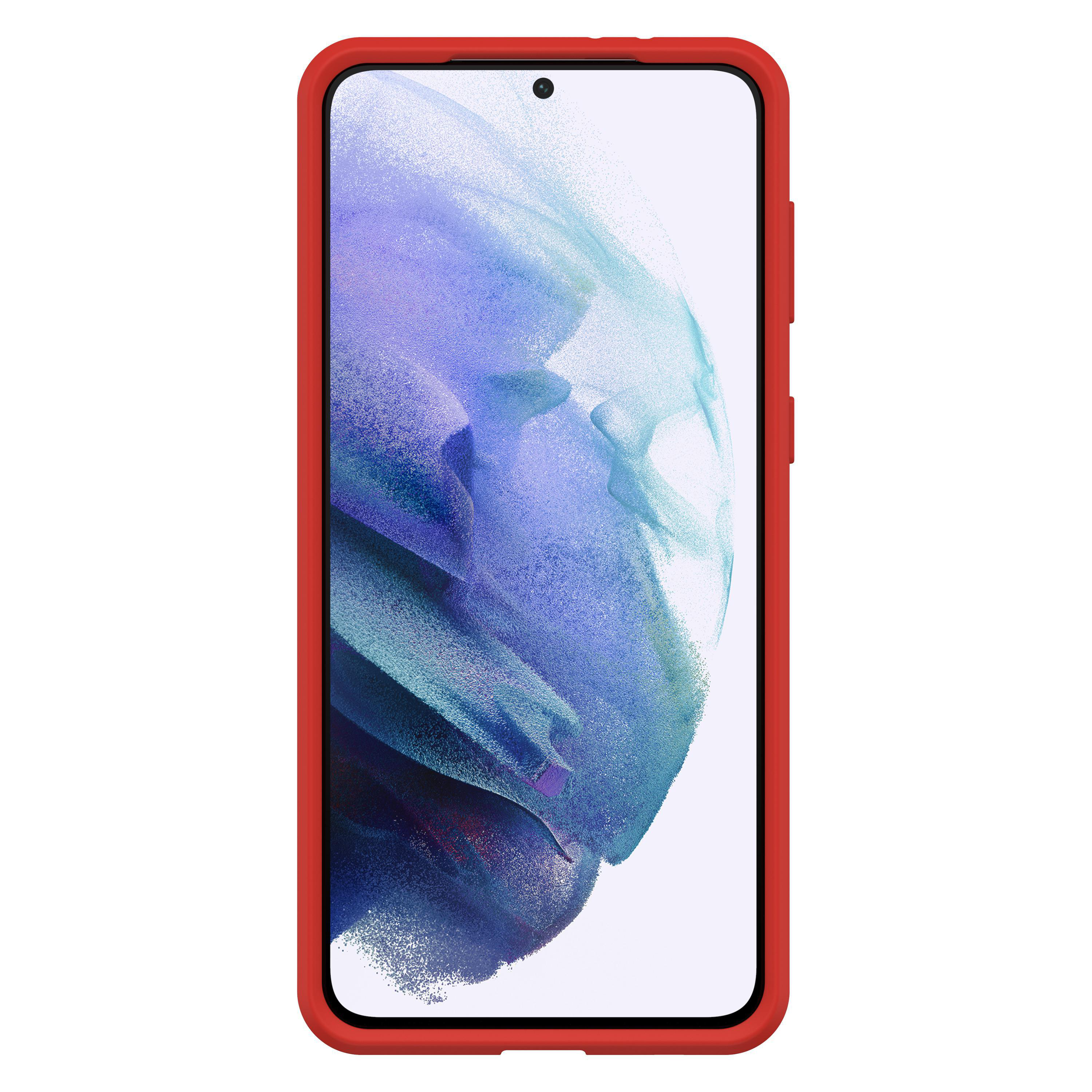 Rote Handyhülle mit Telefon, auf weißem Hintergrund.