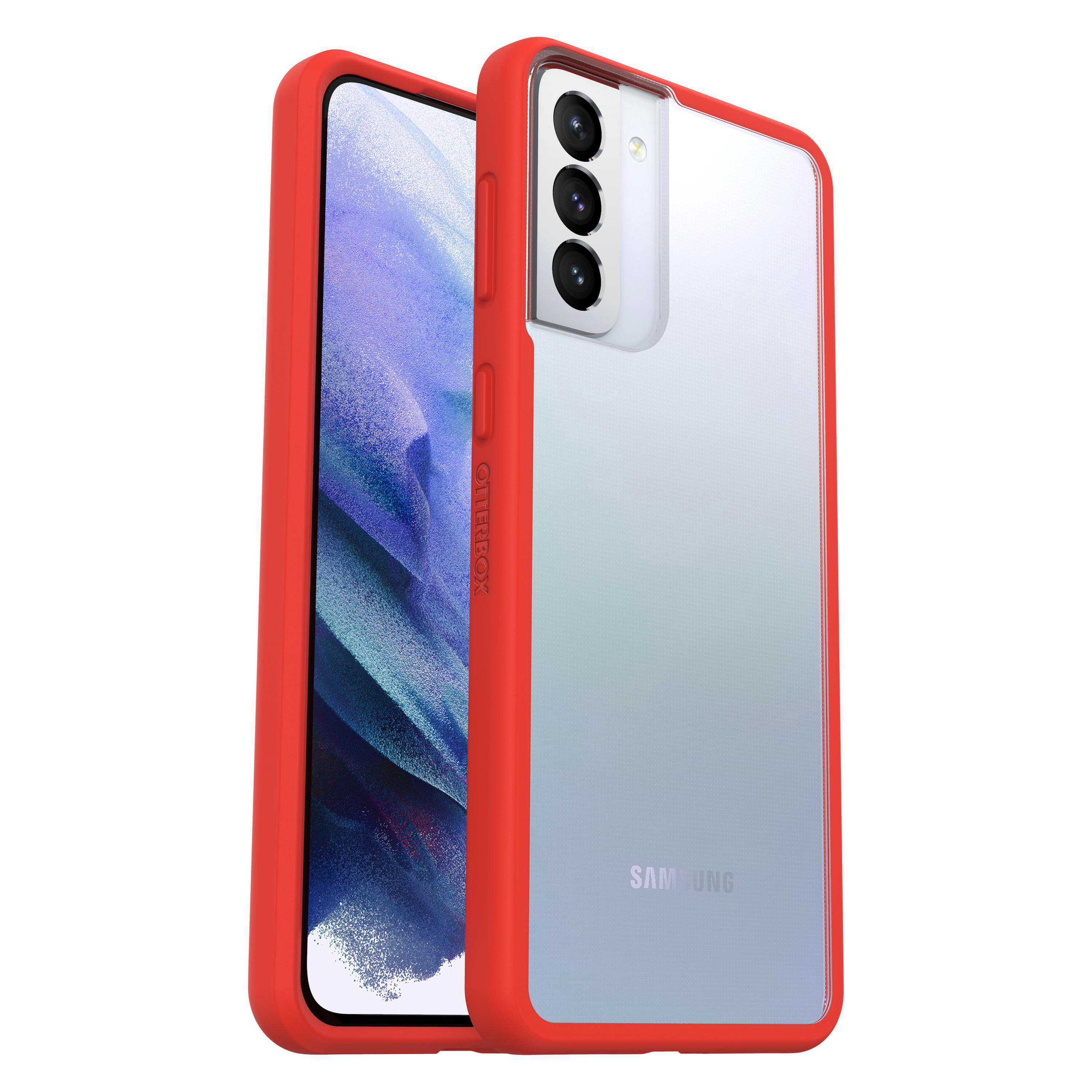 Eine rote Telefonhülle mit durchsichtigem Rücken, die ein Telefon mit drei Kameralinsen zeigt.