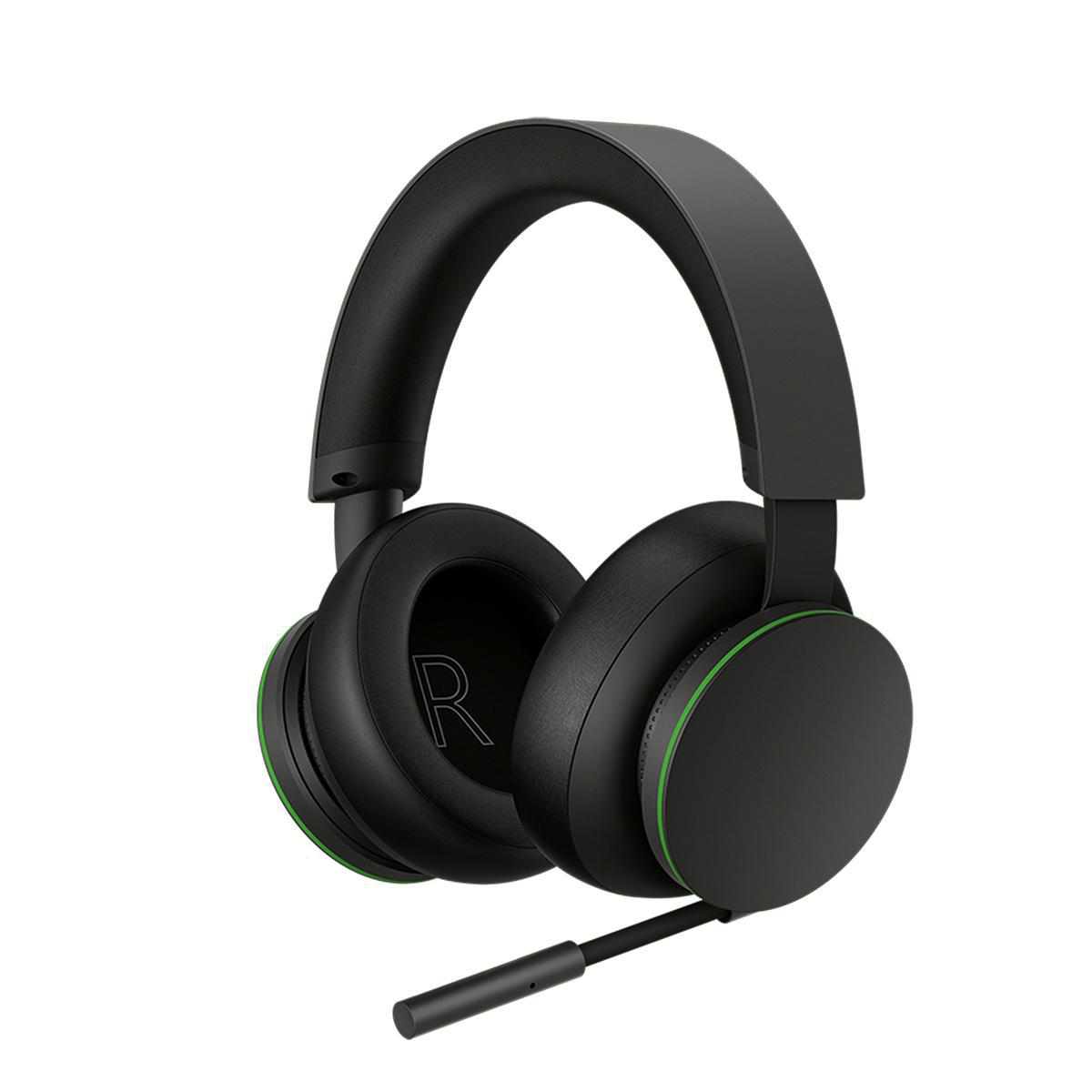 Schwarzes Gaming-Headset mit grünen Akzenten und ausgefahrenem Mikrofon. Der Buchstabe 'R' ist sichtbar.