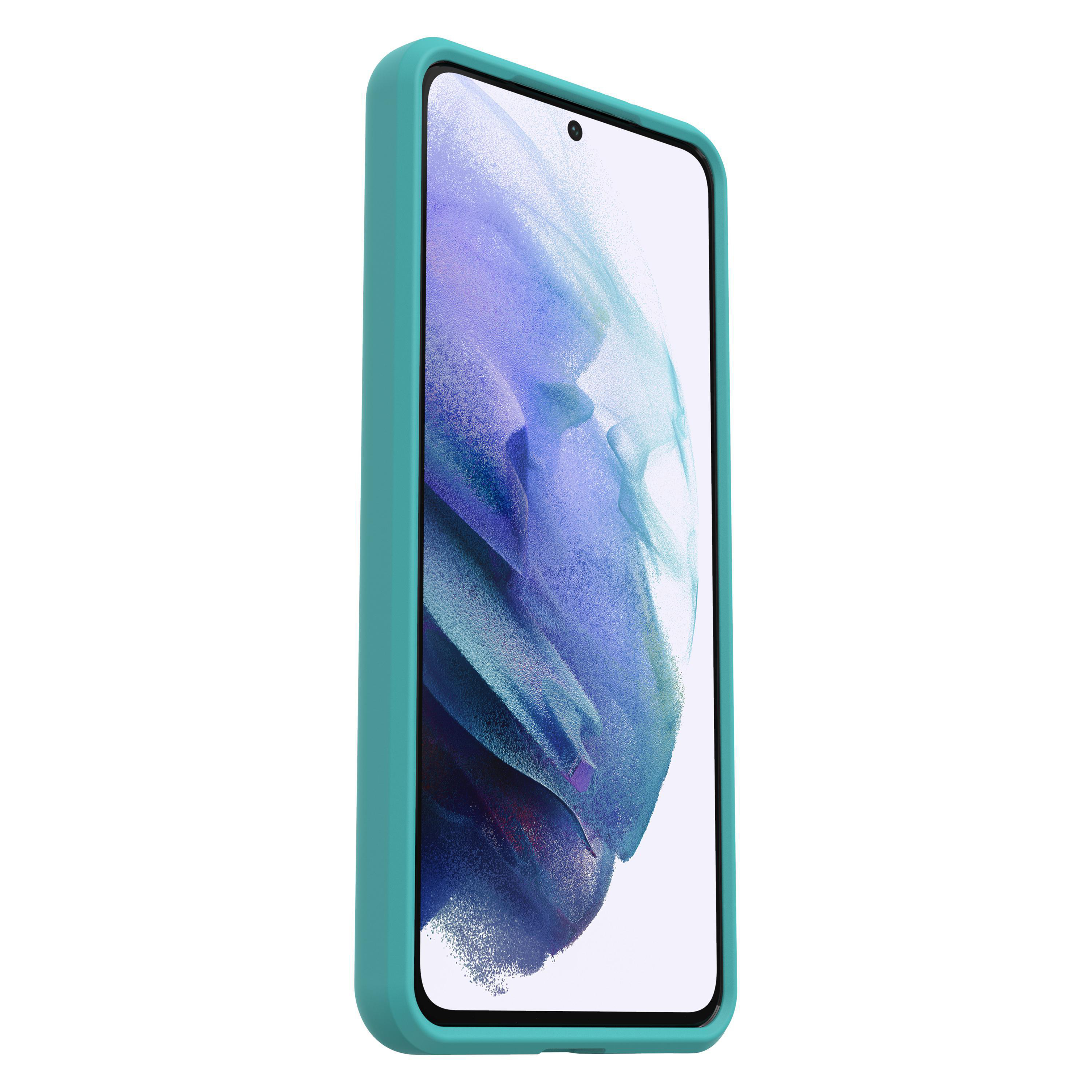 Eine türkisfarbene Handyhülle mit einem Telefon, das einen blau-violetten Bildschirm zeigt.