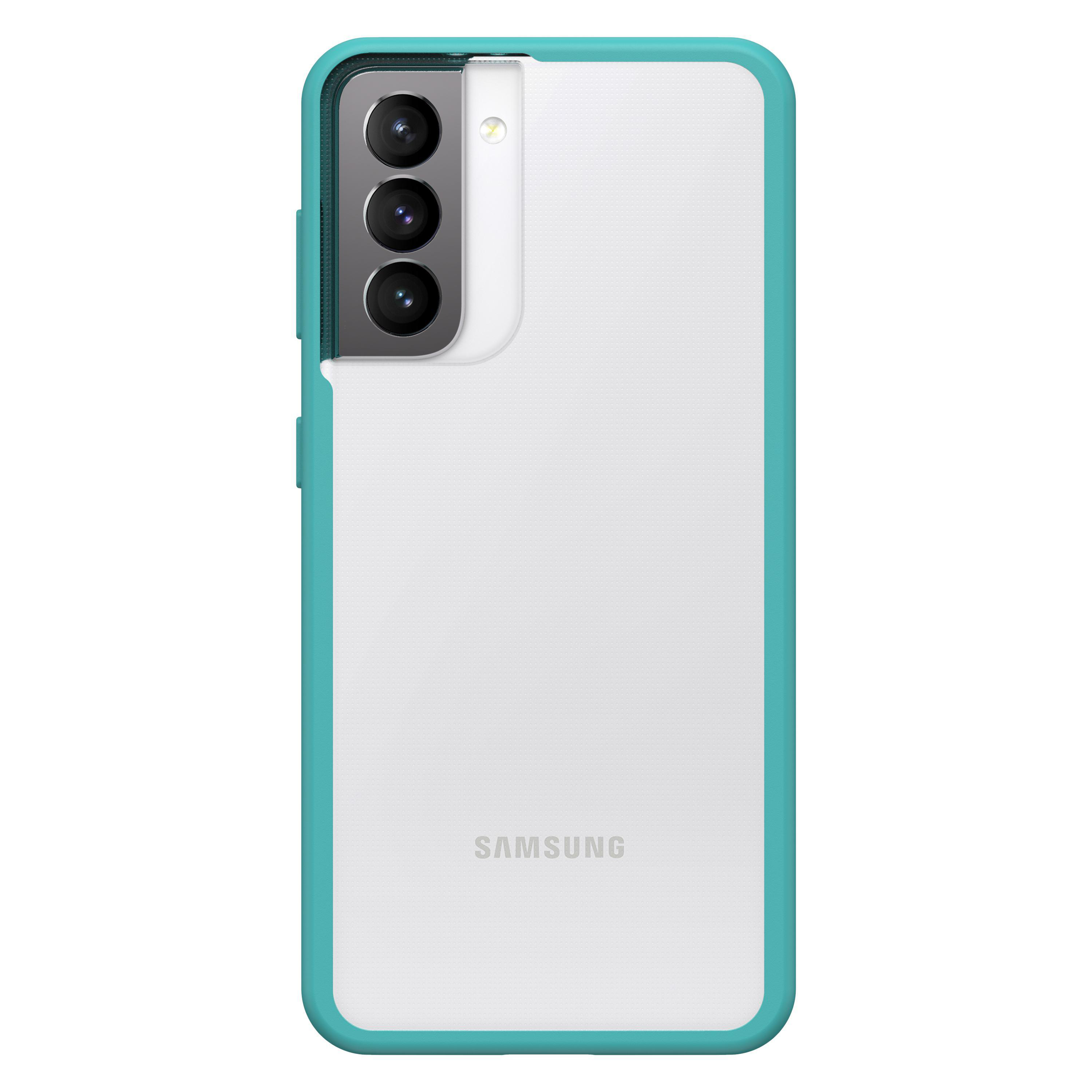 Samsung-Handyhülle, tealfarbener Rahmen und weiße Rückseite mit drei Kameras.