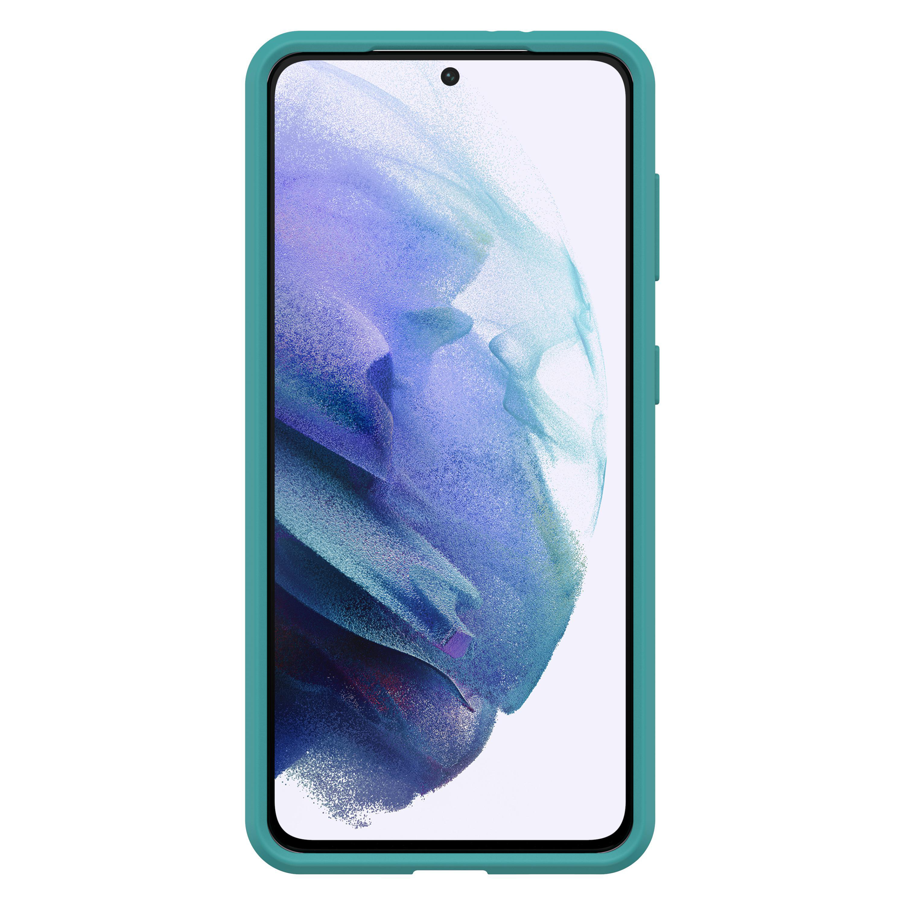 Ein Smartphone in einem türkisfarbenen Gehäuse. Der Bildschirm ist mit dynamischem Hintergrund eingeschaltet. Das Telefon steht aufrecht.