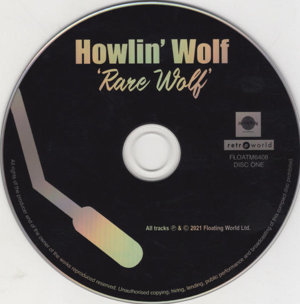A 'Howlin' Wolf - Rare Wolf' CD-je ezüst és fekete dizájnnal.