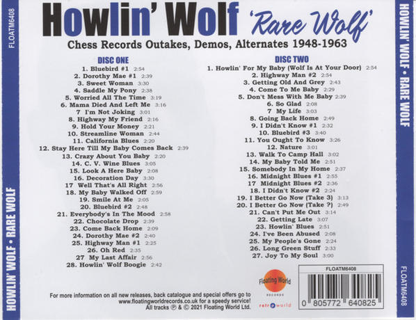 Howlin' Wolf 'Rare Wolf' című albumának borítója számlistákkal.
