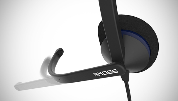 Black and blue Koss headset with a flexible arm.