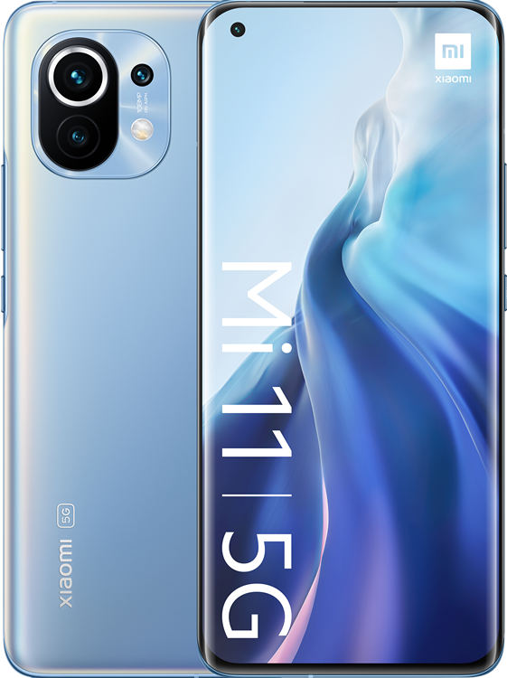 Teléfono Xiaomi Mi 11 5G azul claro. La pantalla muestra una imagen abstracta azul y blanca.