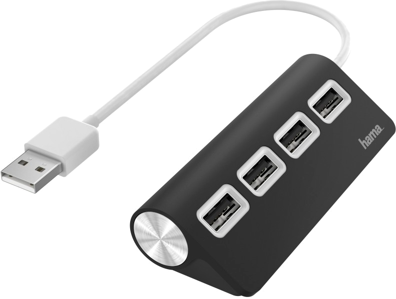 Zwarte USB-hub met vier poorten en een witte kabel.