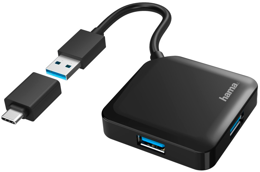 Hub USB noir avec connecteurs USB-C et USB.