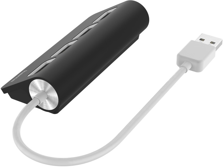 Zwarte USB-hub met witte kabel en meerdere USB-poorten.