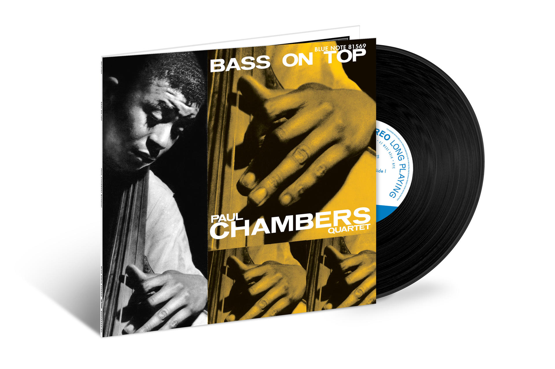Album borító, fekete-fehér fotó Paul Chambersről, 'Bass on Top' címmel.