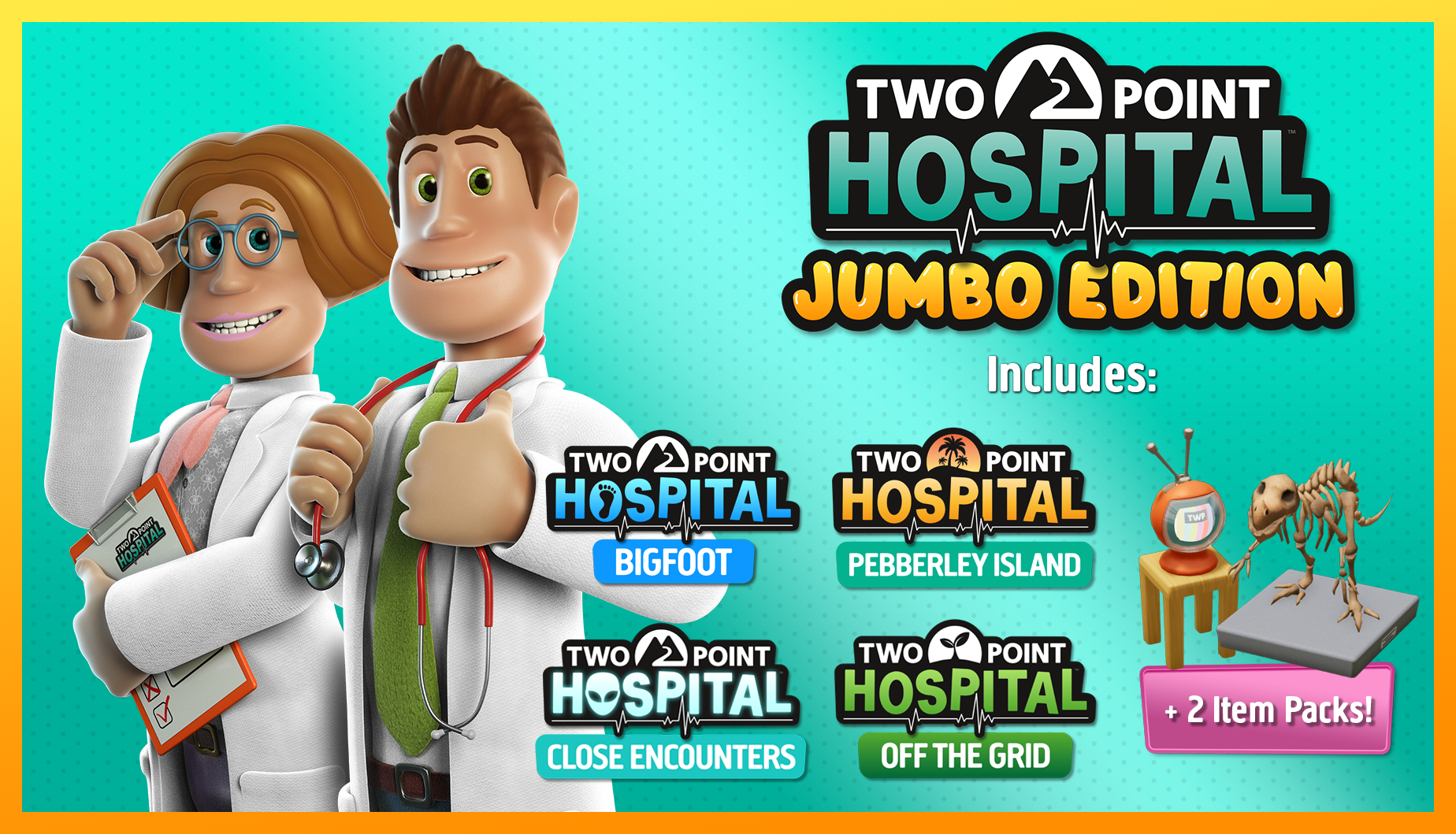 Two Point Hospital Jumbo Edition játék borító. Rajzolt orvosok és a játék címe.