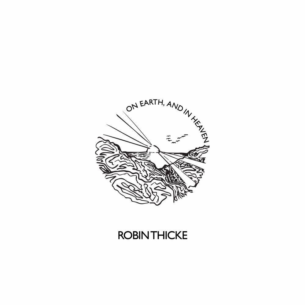 Albumhoes met een lijntekening van een zon boven de zee; tekst luidt On Earth, and in Heaven.