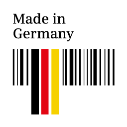 Made in Germany Text auf einem Barcode. Der Barcode hat die deutschen Flaggenfarben.