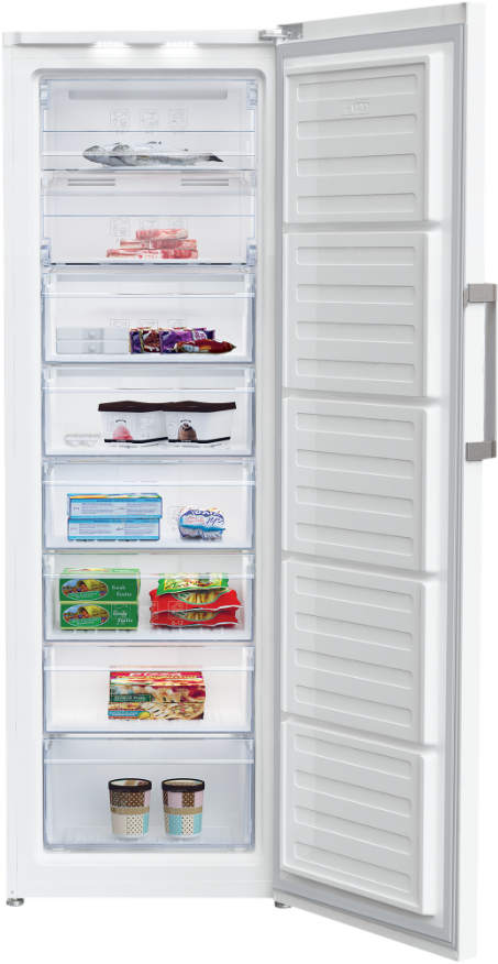 Ein weißer Gefrierschrank offen, zeigt Regale mit verschiedenen Tiefkühlprodukten.
