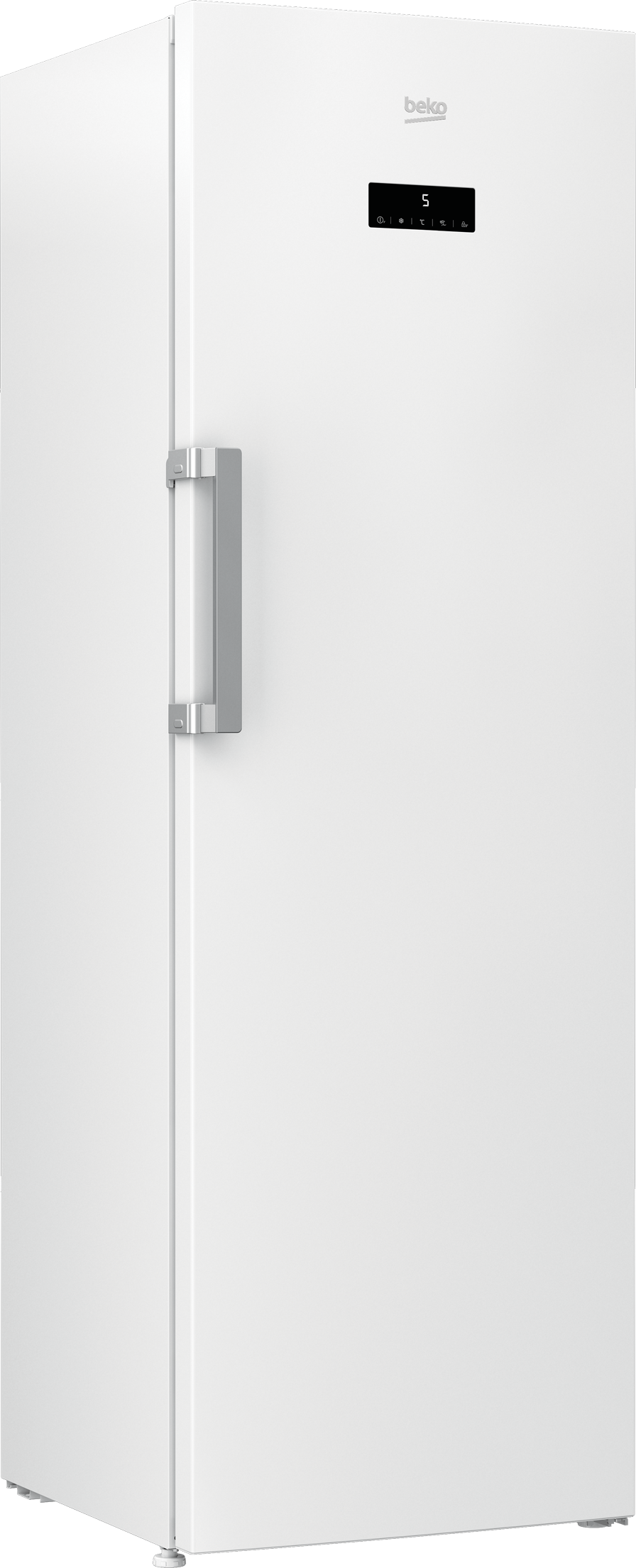 Weißer Kühlschrank mit silbernem Griff.