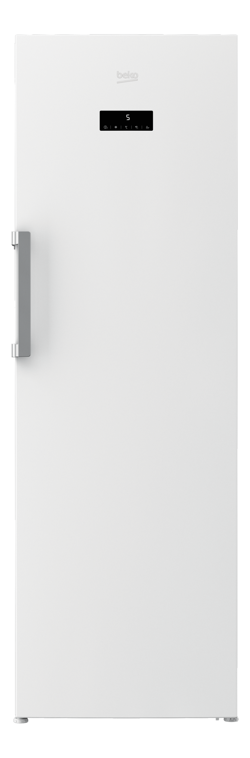 Weißer Beko-Kühlschrank. Er hat ein digitales Display und einen silbernen Griff auf der linken Seite.