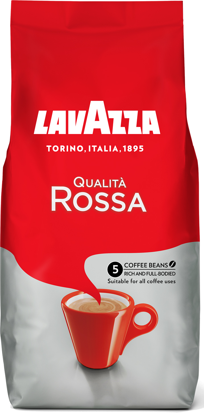Paquet de café Lavazza rouge avec une illustration de tasse à café.