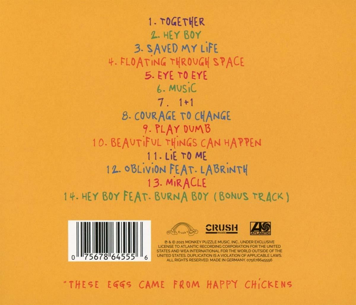 Albumcover mit Tracklist in verschiedenen Farben auf gelbem Hintergrund.