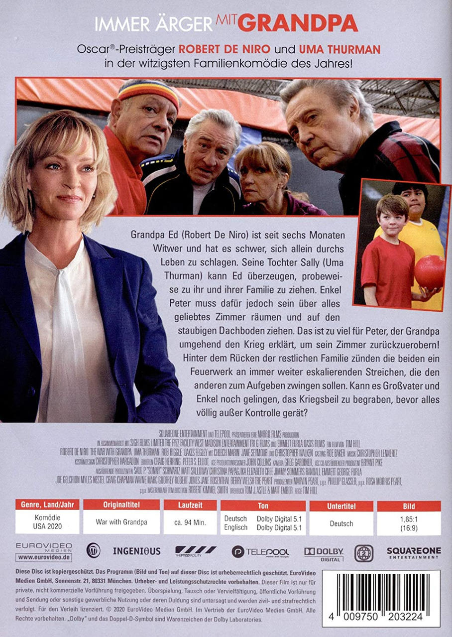 DVD-Cover des Films 'War with Grandpa' mit den Schauspielern Robert De Niro und Uma Thurman.