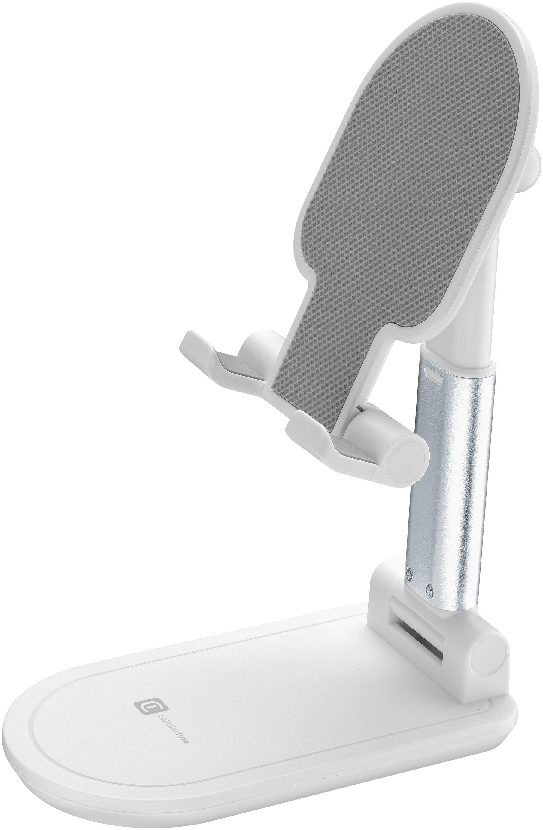 Ein weißer und silberner Telefonständer mit silbernem Arm und grauer Telefonauflage.