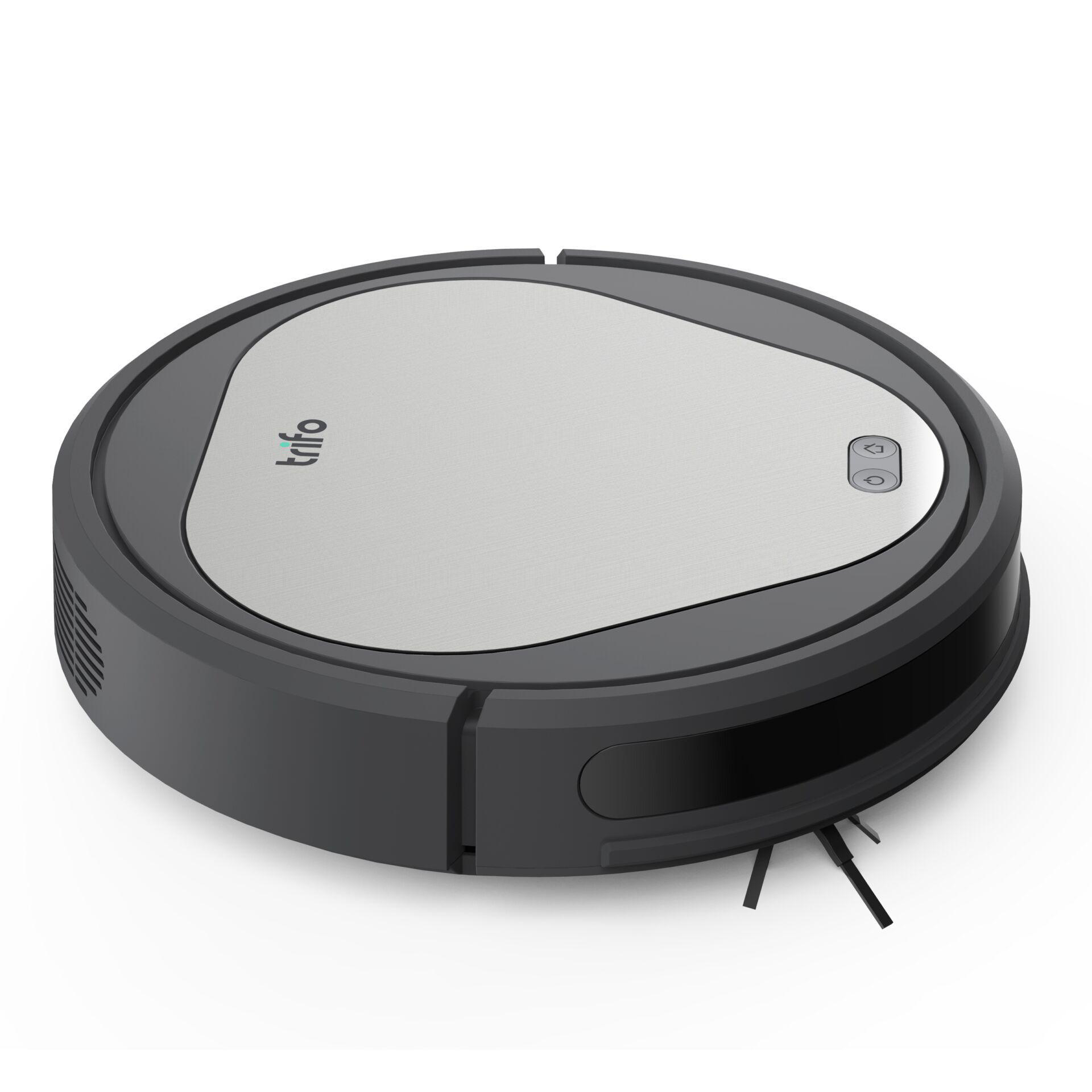 Ein Roboter-Staubsauger auf weißem Hintergrund.