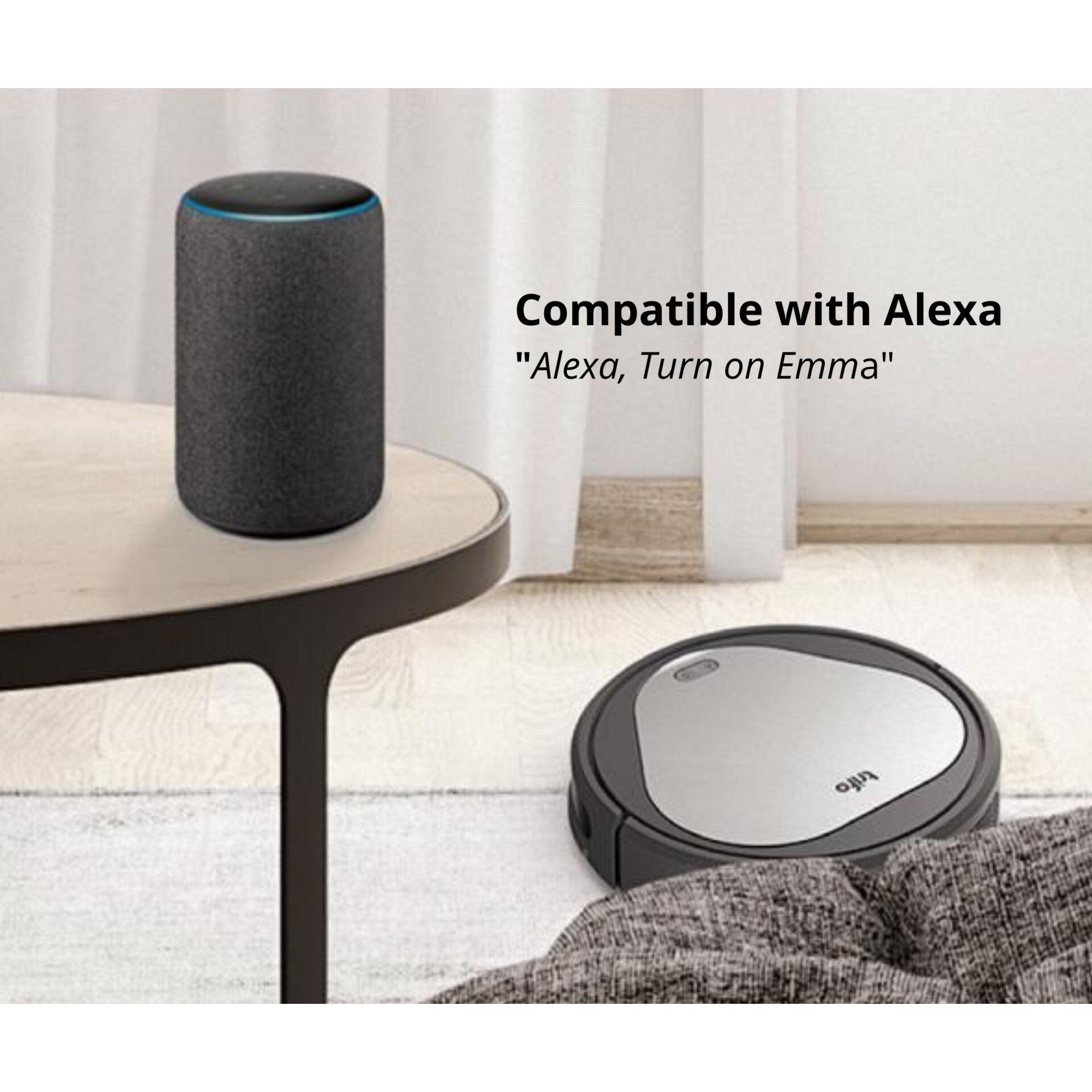Ein schwarzer Smart Speaker und ein schwarzer Roboter-Staubsauger auf einem Holzboden.