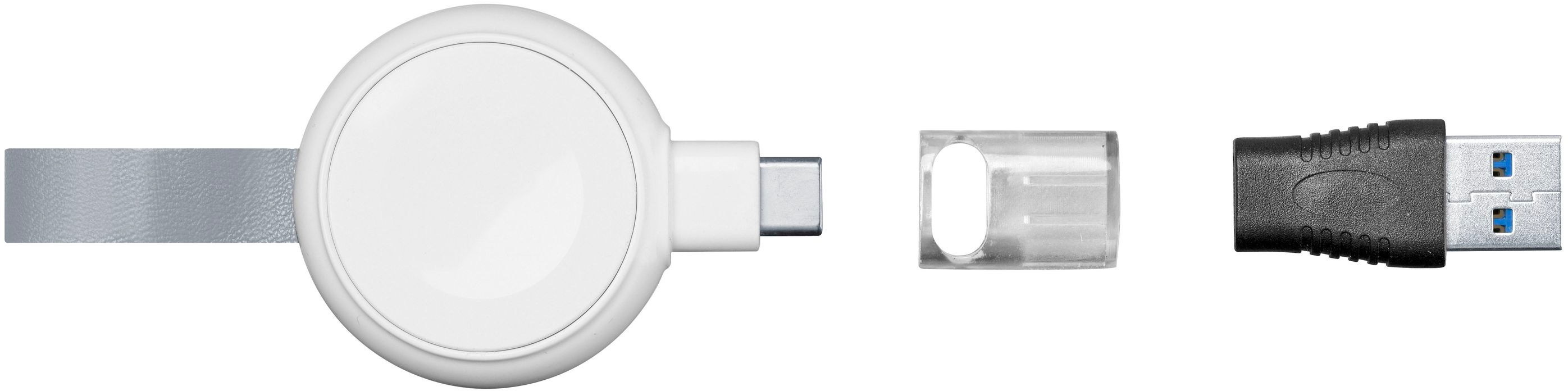 Chargeur portable blanc avec connecteur USB-C et USB.