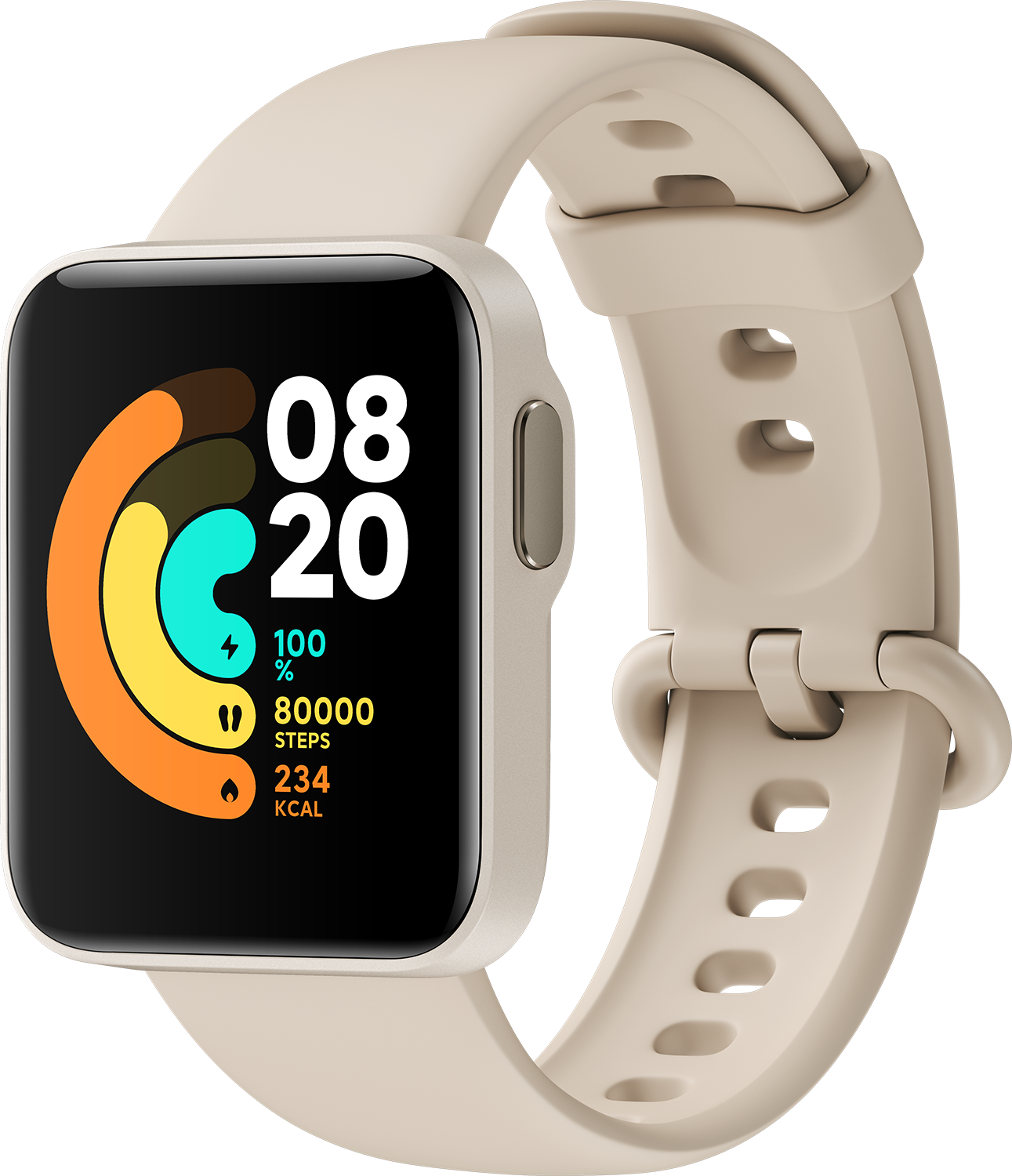 Een crème smartwatch met een digitaal display dat tijd, stappen en calorieën weergeeft.