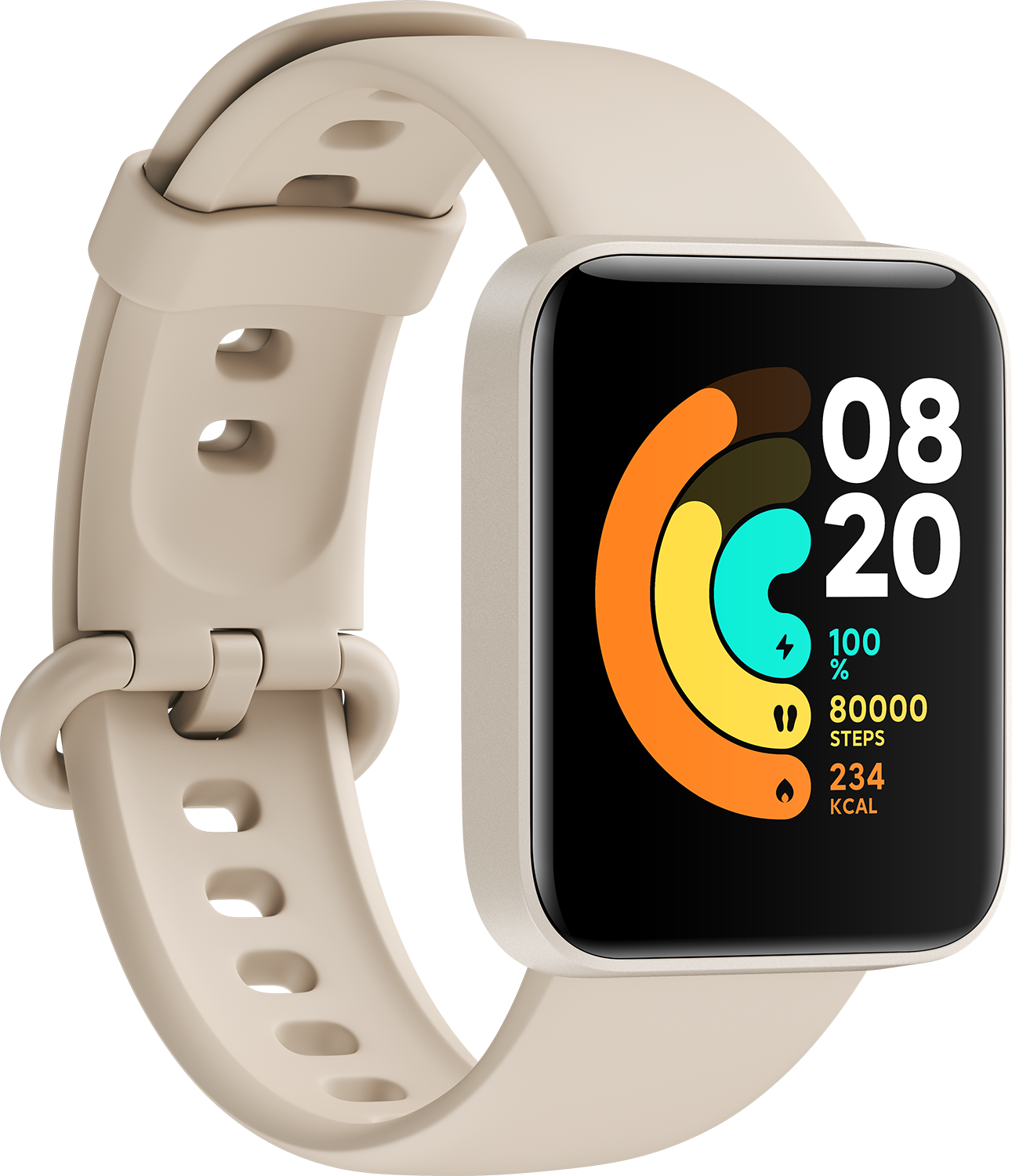 Beige smartwatch met een zwart scherm dat tijd en activiteitsstatistieken toont.