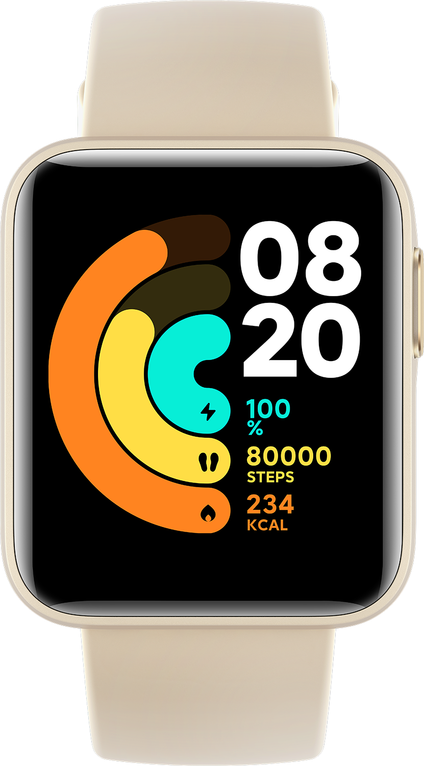 Een beige smartwatch met een kleurrijk display dat stappen, calorieën en tijd weergeeft.