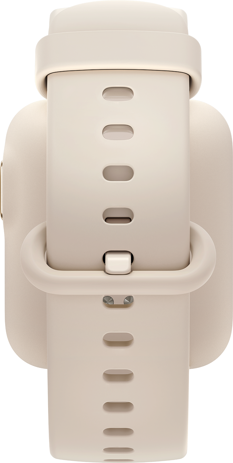 Close-up van een beige smartwatch-band. De band is verbonden en heeft gaten.