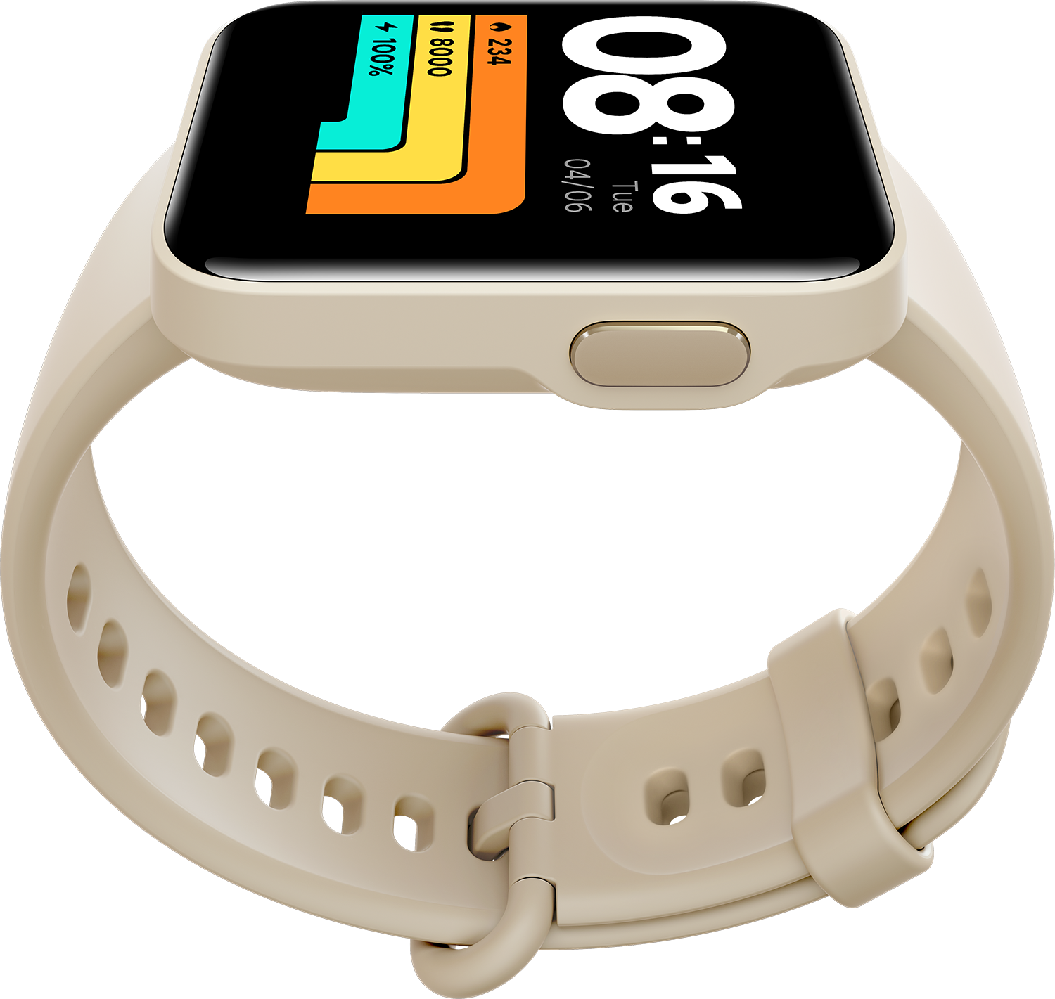 Crèmekleurige smartwatch met vierkante wijzerplaat die de tijd weergeeft, en een beige bandje.