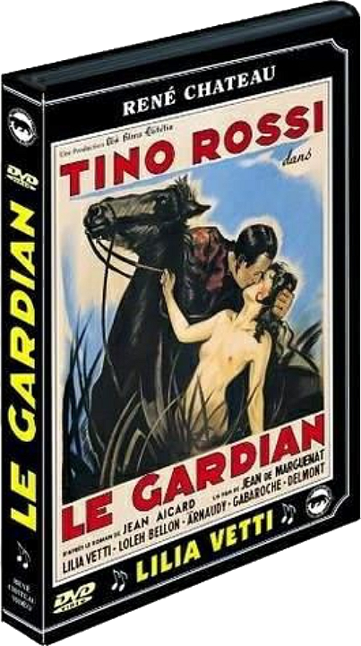 DVD-hoes: Een man en een vrouw met de titel 'Le Gardian'. Man op een paard, vrouw reikt omhoog.