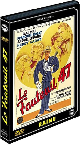 Boîtier DVD pour 'Le Fauteuil 47'. Avec un homme à canne et plusieurs personnages.