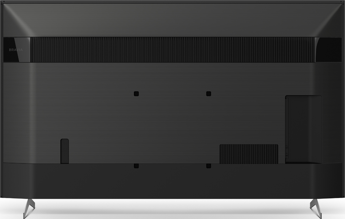 Rückseite eines schwarzen Sony Bravia TVs, mit Metalloberfläche und Ständer.
